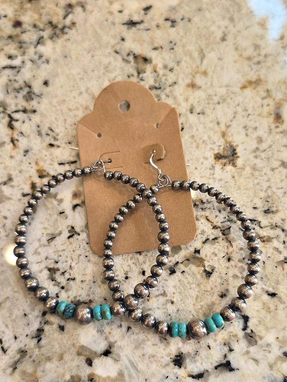 Beaded Hoop Earrings in Gray & Turquoise Like New